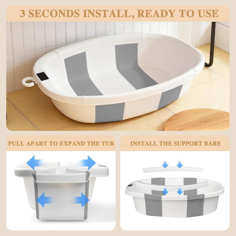 EverKiddo Baby Bathtub, Baby Bath Tub with Thermometer & Soft Cushion, Collapsible Infant Bathtub for Newborn to Toddler 0-36 Months, Quick Use & Portable for Travel(Grey) - Image 2